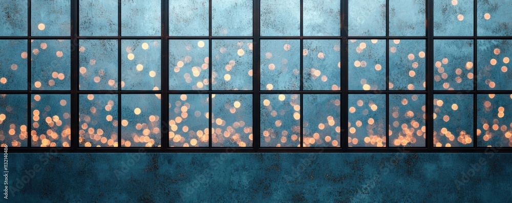 Poster merry christmas cheer concept. a serene image of a window with soft, illuminated bokeh lights agains