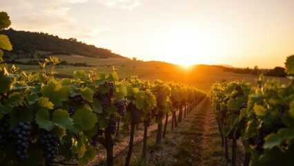 Naklejka premium Golden Sunset Over Vineyard: Perfect for Wine Enthusiasts and Nature Lovers