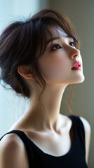 Fototapeta premium Portrait of a young woman looking up with an expression of contemplation in a tranquil setting