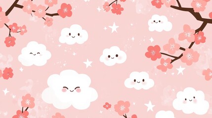 A whimsical design featuring cute clouds and cherry blossoms on a soft pink background.