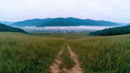 Fototapeta premium Serene Grassland Path to Misty Industrial Valley Panorama