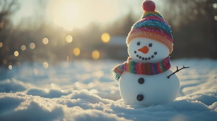 Fototapeta premium Smiling snowman with a colorful hat and scarf in a snowy setting Smiling snowman in a vibrant wool hat and scarf on a frosty winter morning Serene winter night with a reindeer in the glow of the full 