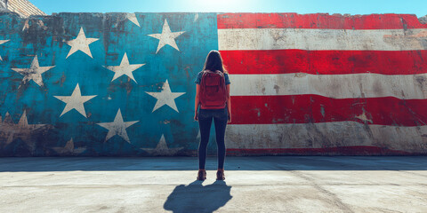 Individual admires large American flag mural against a sunny backdrop in urban setting