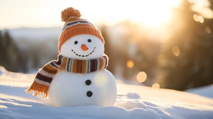 Obraz premium Smiling snowman with a playful wool hat and a cheerful expression in a snowy setting