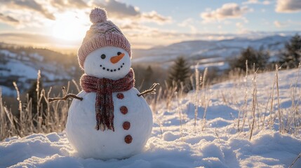 Fototapeta premium Smiling snowman with a playful wool hat and a cheerful expression in a snowy setting