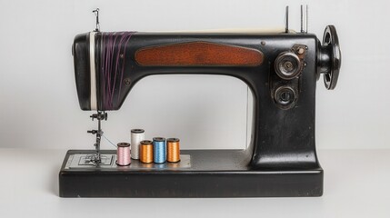 Old-school and retro simplicity, A vintage sewing machine with wooden detailing, featuring spools of thread in various colors, showcasing classic craftsmanship and design.
