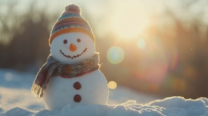 Obraz premium Smiling snowman with a playful wool hat and a cheerful expression in a snowy setting