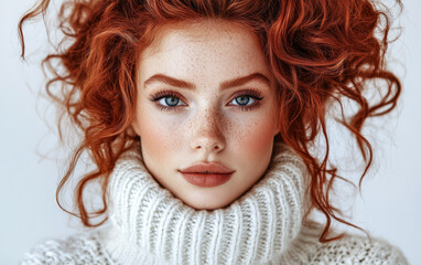 Fototapeta premium Portrait of a woman with curly red hair and freckles wearing a cozy turtleneck sweater