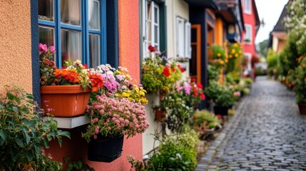 Obraz premium Charming Cobblestone Street with Vibrant Flower Boxes
