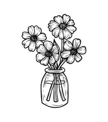 cosmos flower in glass bottle engraving black and white outline