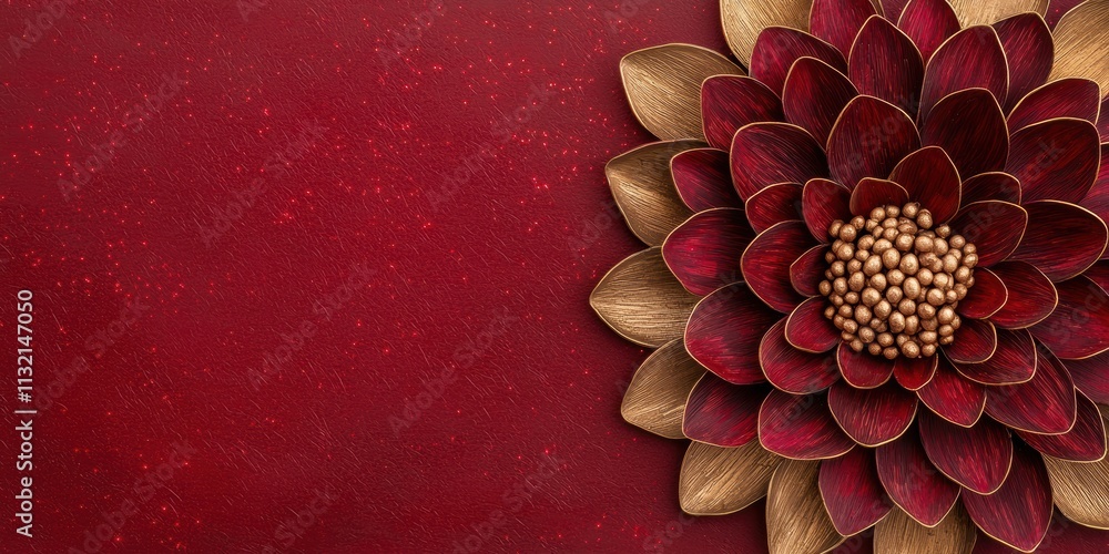 Poster new year fireworks concept. a vibrant red background features a large, artistic flower with golden p