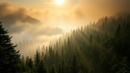 Obraz premium Golden Hour in the Misty Forest: Perfect for Nature Lovers and Serenity Seekers