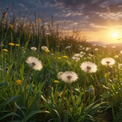 Obraz premium Dandelion blooms against the backdrop of tall grass, flowers in grass, vibrant colors