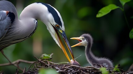 Fototapeta premium Closeup of Baby Heron Chick Being Fed by Parent Bird in Nest on Branch