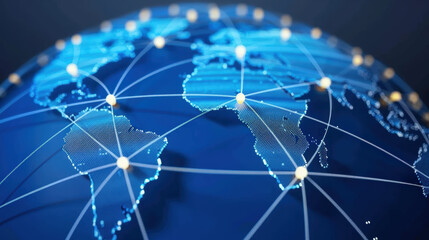 Obraz premium Global Network Connection with Digital Map Displaying Continents and Node Links for Technology and Communication Concepts