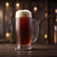 Dark amber bock beer in a tall glass, frothy head ,  brewery,  malt