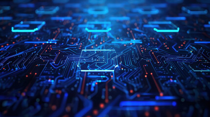 Abstract Close-Up of Digital Circuit Board with Glowing Nodes and Blue Light Patterns for Technology Concepts