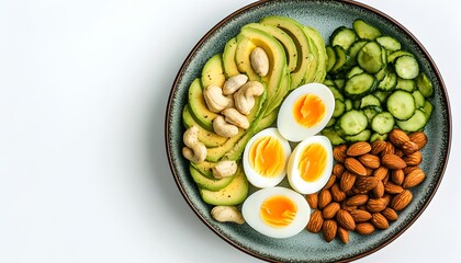 Avocado Egg Salad Bowl: A vibrant and healthy meal prep idea featuring sliced avocado, boiled eggs, cucumber, almonds and cashews in a blue bowl. Delicious and nutritious!