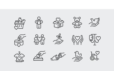 Charity icons. Set of 15 trendy minimal icons depicting various aspects of charity and giving, including Awareness Ribbon, Hands Holding Heart, and Family icon. Vector illustration