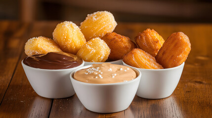 Delicious bite sized churros served with chocolate and caramel dips, perfect for sharing