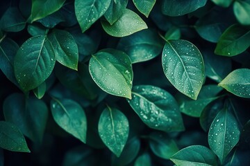 Fototapeta premium Lush green leaves with droplets, symbolizing freshness.