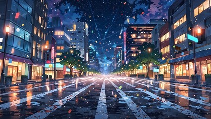 Obraz premium A city street covered in confetti and celebration lights, new year background theme