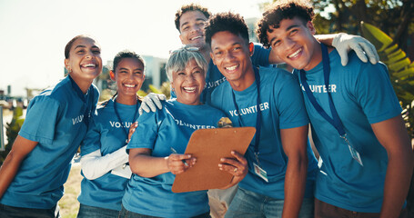 Portrait, happy and group with clipboard, volunteers and joy for collaboration, charity and...
