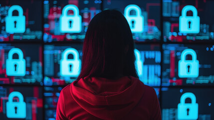 Person viewing multiple digital screens displaying cybersecurity locks and encrypted data in a dark environment