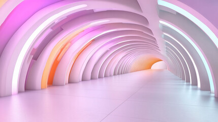 Obraz premium Futuristic hallway with colorful lighting and smooth curves.