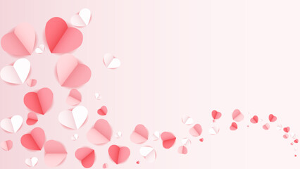 pink and white flying hearts, valentine background and paper cut decoration