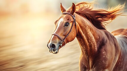 Obraz premium Majestic Chestnut Horse Galloping Through a Scenic Sunset Field