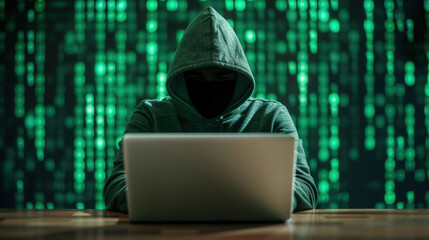 Mysterious figure wearing a hoodie working on laptop with green binary code in background, representing cybersecurity and hacking themes