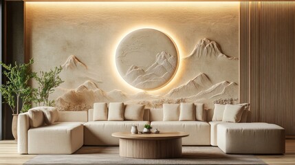 Fototapeta premium Serene living room with beige sectional sofa, wooden coffee table, and minimalist Asian-inspired wall art featuring mountains and a moon.