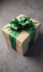 Gift box wrapped in a lush green ribbon tied with a bow , wrapping paper, natural element, foliage
