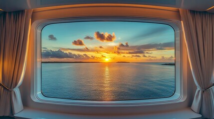 Naklejka premium Reflection over the window of a beautiful sunset over Harbour Island from a luxury mega Yacht in Bahamas