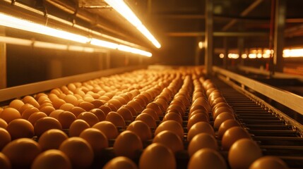 Eggs on Conveyor Belt in Production Facility