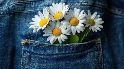 Chamomile daisy flowers bouquet in jeans pocket. Summer fashion, floral creative concept. Close backside view