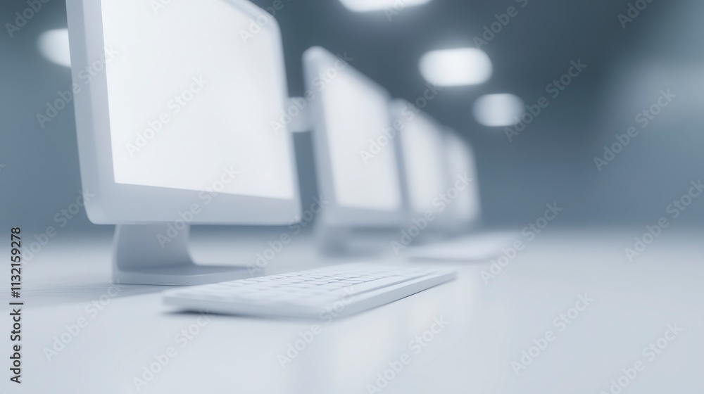 Poster modern office desk row of computers technology background blank screens white desk minimalist setup