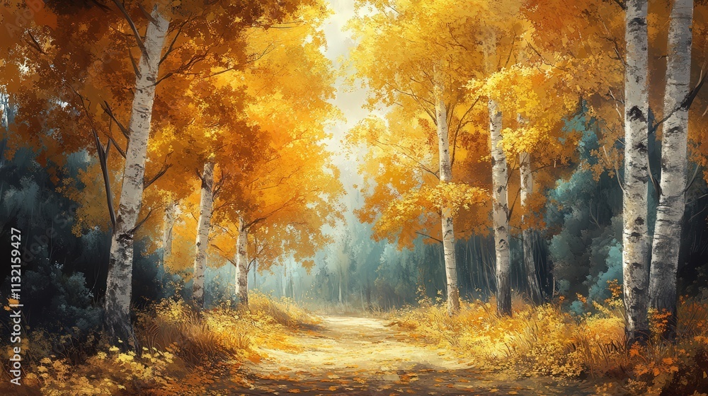 Poster a forest path lined with autumn trees, the branches filled with golden leaves, and a soft layer of f