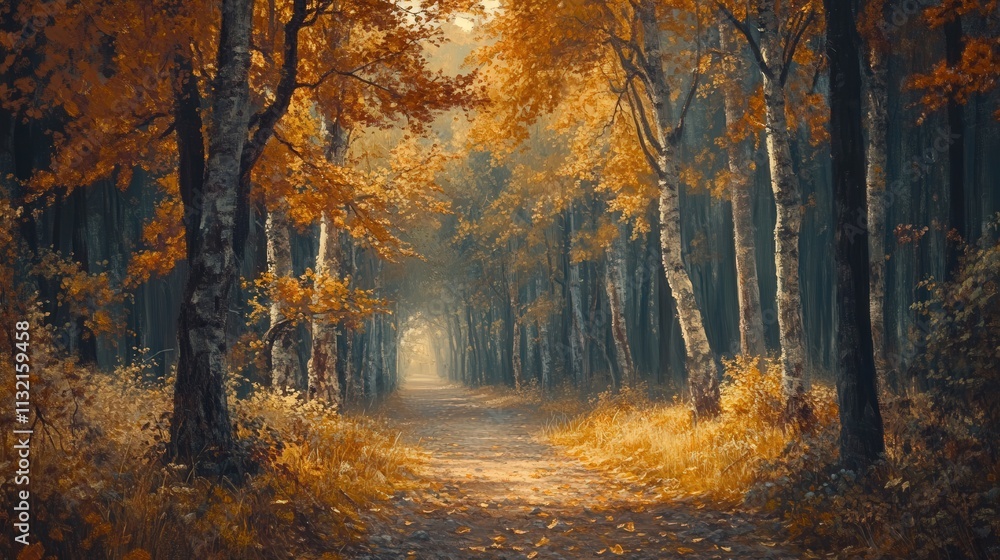 Poster a forest path lined with autumn trees, the branches filled with golden leaves, and a soft layer of f