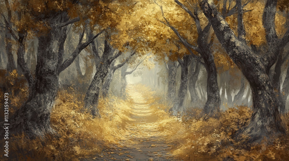 Poster a forest path lined with autumn trees, the branches filled with golden leaves, and a soft layer of f