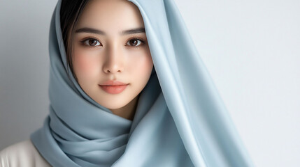 Naklejka premium A portrait of a woman wearing a light blue hijab against a neutral background.