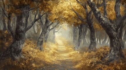 Fototapeta premium A forest path lined with autumn trees, the branches filled with golden leaves, and a soft layer of fallen leaves covering the quiet trail