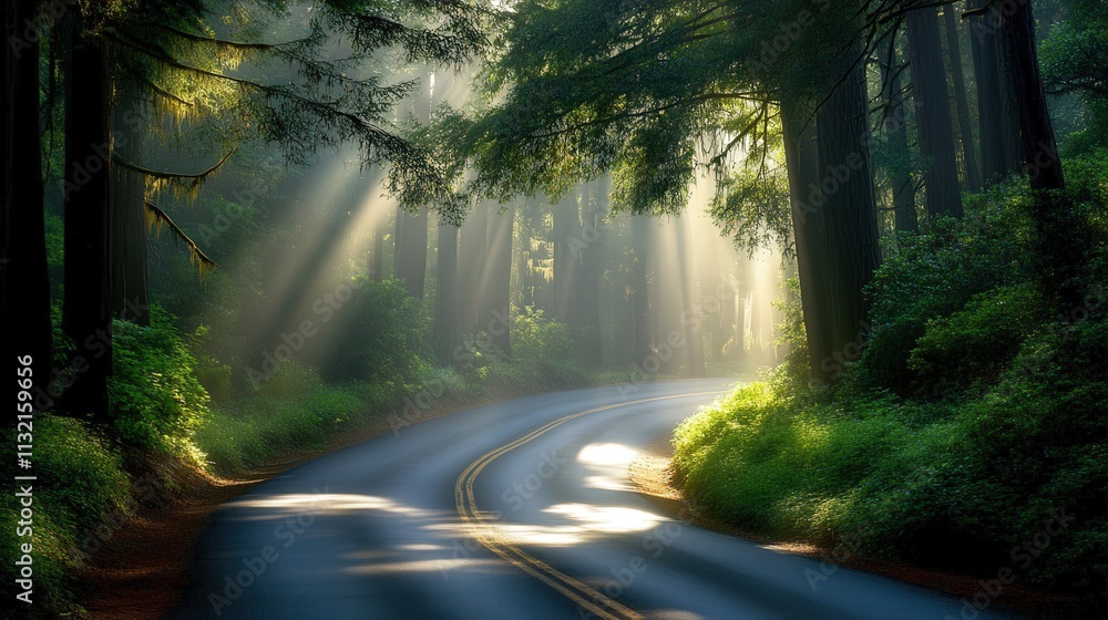 Poster a forest road winds through dense pines, the sunlight creating dappled patterns on the pavement as i