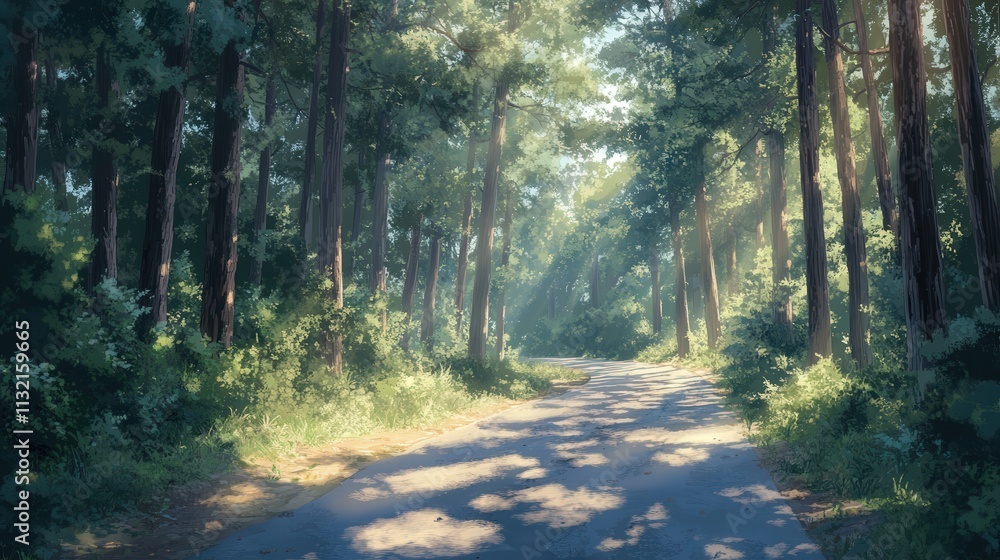 Poster a forest road winds through dense pines, the sunlight creating dappled patterns on the pavement as i