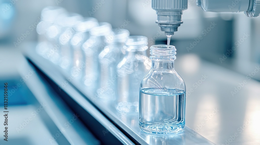 Poster a clean production line with transparent bottles being filled with a liquid in a sterile environment