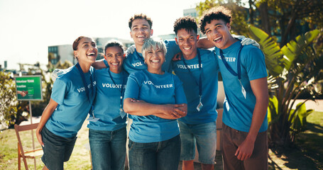 Portrait, happy and group of volunteers, ngo and kindness for charity, collaboration and mature...