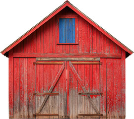 Vibrant red barn with blue window details