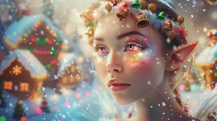 A beautiful Christmas fairy lady with intricate makeup effects and luminous skin in a festive hyper-realistic environment.