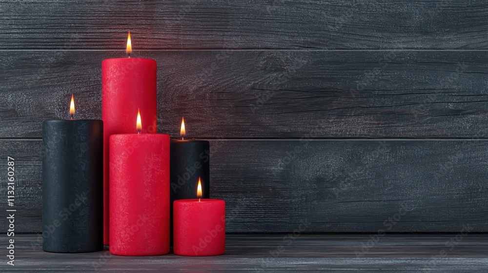 Aufkleber a serene arrangement of lit red and black candles on a rustic wooden surface, creating a warm and in